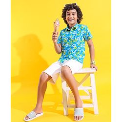 Pine Kids Cotton Woven Half Sleeves Shirt Floral Printed - Blue