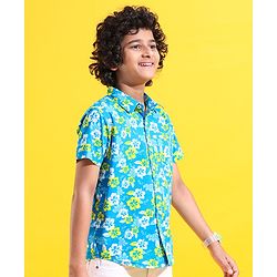 Pine Kids Cotton Woven Half Sleeves Shirt Floral Printed - Blue