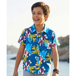 Pine Kids Cotton Woven Half Sleeves Shirt with Floral Print - Blue