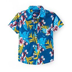 Pine Kids Cotton Woven Half Sleeves Shirt with Floral Print - Blue