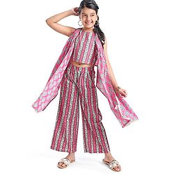 Pine Kids Viscose Sleeveless Kurti & Salwar Set with Dupatta Floral Print - Pink