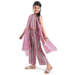 Pine Kids Viscose Sleeveless Kurti & Salwar Set with Dupatta Floral Print - Pink