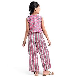 Pine Kids Viscose Sleeveless Kurti & Salwar Set with Dupatta Floral Print - Pink