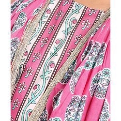 Pine Kids Viscose Sleeveless Kurti & Salwar Set with Dupatta Floral Print - Pink