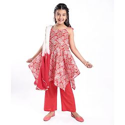 Pine Kids Sleeveless Kurti & Salwar With Dupatta Floral Print Set - Coral