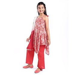 Pine Kids Sleeveless Kurti & Salwar With Dupatta Floral Print Set - Coral