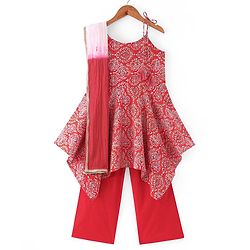 Pine Kids Sleeveless Kurti & Salwar With Dupatta Floral Print Set - Coral