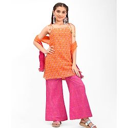 Pine Kids 100% Cotton Sleeveless Kurti & Salwar With Dupatta Set Ikat Print - Orange & Pink