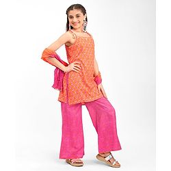 Pine Kids 100% Cotton Sleeveless Kurti & Salwar With Dupatta Set Ikat Print - Orange & Pink