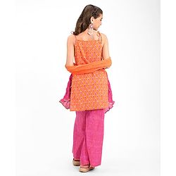 Pine Kids 100% Cotton Sleeveless Kurti & Salwar With Dupatta Set Ikat Print - Orange & Pink