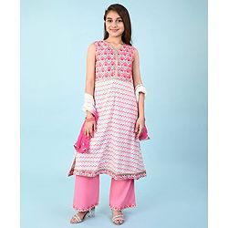 Pine Kids 100% Cotton Woven Sleeveles Kurti  Salwar with Floral Print & Dupatta-  Pink
