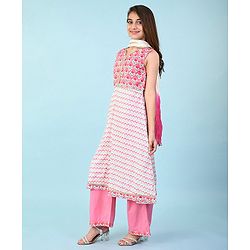 Pine Kids 100% Cotton Woven Sleeveles Kurti  Salwar with Floral Print & Dupatta-  Pink