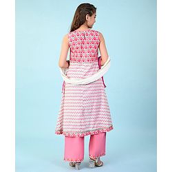 Pine Kids 100% Cotton Woven Sleeveles Kurti  Salwar with Floral Print & Dupatta-  Pink