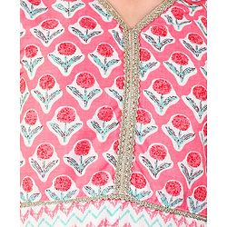 Pine Kids 100% Cotton Woven Sleeveles Kurti  Salwar with Floral Print & Dupatta-  Pink