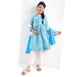 Pine Kids Cotton Woven Three Fourth Sleeves Kurti & Salwar Set with Dupatta & Floral Print - Light Blue