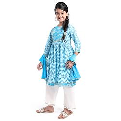 Pine Kids Cotton Woven Three Fourth Sleeves Kurti & Salwar Set with Dupatta & Floral Print - Light Blue