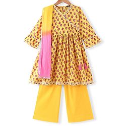 Pine Kids Cotton Woven Three Fourth  Sleeves Kurti & Salwar with Dupatta Floral Print - Yellow