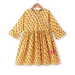 Pine Kids Cotton Woven Three Fourth  Sleeves Kurti & Salwar with Dupatta Floral Print - Yellow