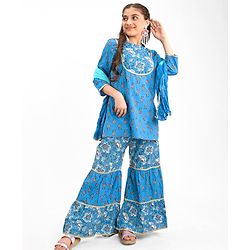 Pine Kids 100% Cotton Woven Three Fourth Sleeves Flower Printed Kurti & Churidar Set with Dupatta - Blue