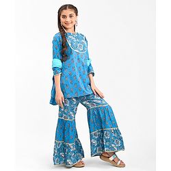 Pine Kids 100% Cotton Woven Three Fourth Sleeves Flower Printed Kurti & Churidar Set with Dupatta - Blue