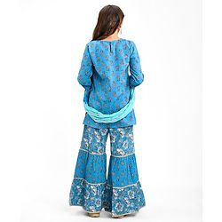 Pine Kids 100% Cotton Woven Three Fourth Sleeves Flower Printed Kurti & Churidar Set with Dupatta - Blue