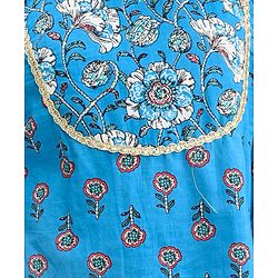 Pine Kids 100% Cotton Woven Three Fourth Sleeves Flower Printed Kurti & Churidar Set with Dupatta - Blue