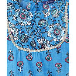 Pine Kids 100% Cotton Woven Three Fourth Sleeves Flower Printed Kurti & Churidar Set with Dupatta - Blue