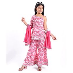 Pine Kids 100% Cotton Sleeveless Kurti & Salwar With Dupatta Set Floral Print - White & Pink