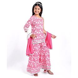 Pine Kids 100% Cotton Sleeveless Kurti & Salwar With Dupatta Set Floral Print - White & Pink