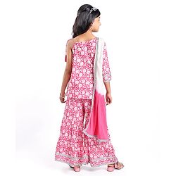 Pine Kids 100% Cotton Sleeveless Kurti & Salwar With Dupatta Set Floral Print - White & Pink