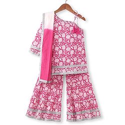 Pine Kids 100% Cotton Sleeveless Kurti & Salwar With Dupatta Set Floral Print - White & Pink