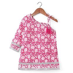 Pine Kids 100% Cotton Sleeveless Kurti & Salwar With Dupatta Set Floral Print - White & Pink