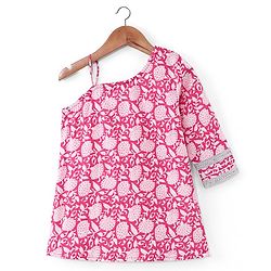 Pine Kids 100% Cotton Sleeveless Kurti & Salwar With Dupatta Set Floral Print - White & Pink
