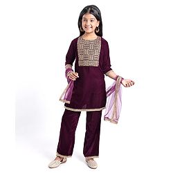 Pine Kids Velvet Woven Three Fourth Sleeves Embroidered Yoke Kurti Salwar Set with Dupatta - Maroon