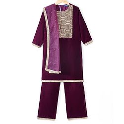 Pine Kids Velvet Woven Three Fourth Sleeves Embroidered Yoke Kurti Salwar Set with Dupatta - Maroon