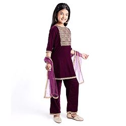 Pine Kids Velvet Woven Three Fourth Sleeves Embroidered Yoke Kurti Salwar Set with Dupatta - Maroon
