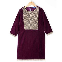 Pine Kids Velvet Woven Three Fourth Sleeves Embroidered Yoke Kurti Salwar Set with Dupatta - Maroon