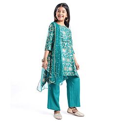 Pine Kids Woven Half Sleeves Floral Embroidered Kurti Churidar Set with Dupatta - Teal Green