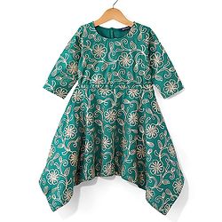 Pine Kids Woven Half Sleeves Floral Embroidered Kurti Churidar Set with Dupatta - Teal Green