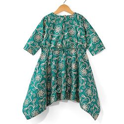 Pine Kids Woven Half Sleeves Floral Embroidered Kurti Churidar Set with Dupatta - Teal Green