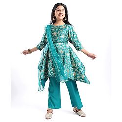 Pine Kids Woven Half Sleeves Floral Embroidered Kurti Churidar Set with Dupatta - Teal Green