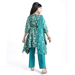 Pine Kids Woven Half Sleeves Floral Embroidered Kurti Churidar Set with Dupatta - Teal Green