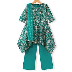 Pine Kids Woven Half Sleeves Floral Embroidered Kurti Churidar Set with Dupatta - Teal Green