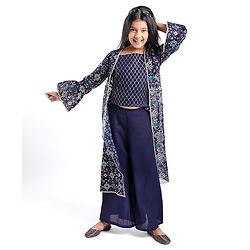 Pine Kids Woven Top & Palazzo set with Floral Printed Full Sleeves Jacket -Blue