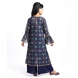 Pine Kids Woven Top & Palazzo set with Floral Printed Full Sleeves Jacket -Blue