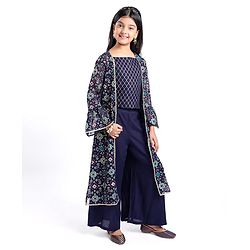 Pine Kids Woven Top & Palazzo set with Floral Printed Full Sleeves Jacket -Blue