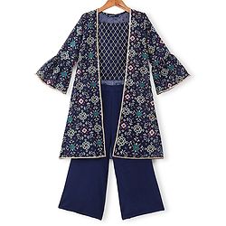 Pine Kids Woven Top & Palazzo set with Floral Printed Full Sleeves Jacket -Blue