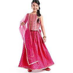 Pine Kids Woven Sleeveless Sequenced Choli & Dupatta With Foil Printed Lehenga Set- Dark Pink