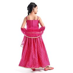 Pine Kids Woven Sleeveless Sequenced Choli & Dupatta With Foil Printed Lehenga Set- Dark Pink