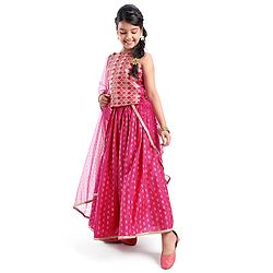 Pine Kids Woven Sleeveless Sequenced Choli & Dupatta With Foil Printed Lehenga Set- Dark Pink